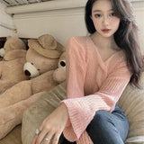 thanksgiving outfit Tineit Twist Thin Sweater Women Knit Loose Solid Sexy V-Neck Long Sleeve Fall Pullover Casual Pretty Style Sweet Female Fashion Jumpers