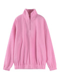 Tineit Fleece Sweatshirt Jacket Women Polo Collar Oversize Casual Pink Long Sleeve Fluffy Zip Hoodies Thick All-match Outwear Tops