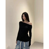 Tineit American Style Spicy Girl Irregular Tops Off Shoulder Thin Long Sleeved T-shirt Women New Basic Casual Korean Fashion Blouse