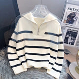 thanksgiving outfit Tineit Korean Striped Knit Pullover Women Half Zip Casual Loose Lazy Autumn Winter Jumpers Pretty Style Basic Warm Female Sweater