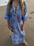 Tineit Loose Striped Print linen Maxi Dress Women Fashion V-neck Lantern Sleeve Female Holiday Dresses 2024 Summer Lady Beach Robes New