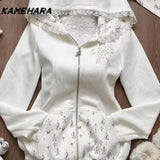 Tineit Sweet Girl Cute Hooded Ear Set Lace Up Hoodie Jacket Fashionable High Waisted Cake Skirt Spring Autumn Y2k 2 Piece Set