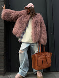 Tineit New Fashion Burgundy Oversized Fluffy Faux Fur Coat 2024 Chic Women O-neck Long Sleeved Warm Jacket Winter Lady Loose Streetwear