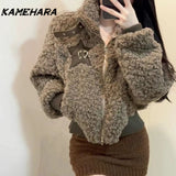 Tineit Japanese Harajuku Sweet Spicy Spliced Leopard Print Cotton Jackets Loose Retro Design Niche Thick Warm Cotton Jackets