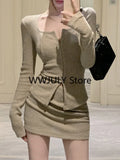 Tineit 2025 Autumn New Grey Casual Knitted Suits Sexy 2 Piece Skirt Set Woman Elegant Y2k Crop Tops + High Waist Slim Mini Skirt Korean