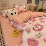 Tineit Floral Bedding Set Korean Style Twin Double Size Duvet Cover No Filling Pillowcases Sheet Fashion Boys Girls Gift Home Textile