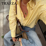 cold weather outfits Tineit 2024 Spring Summer Casual Women Shirts Fashion Vintage Striped Thin Turn-down Collar Single Breasted Yellow Casual Shirts