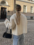 Tineit 2024 New White Chic Women's Lamb Wool Cropped Coat Fashion Loose Zipper Lapel Full Sleeved Jackets Female Warm Casual Streetwear