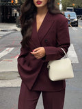 Tineit 2024 Chic Burgundy Red Double Breasted Suit Jacket Women Elegant Lapel Long Sleeve Flap Pockets Blazer Coat Lady Commute Outwear