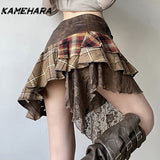 Tineit E-girl Gothic Y2k Irregular Grid Splicing V-shape Waist Plaid Skirt Retro Personalized Lace Short Skirt Female Clothing