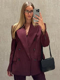 Tineit Elegant Striped Blazer Coats Women Double Breasted Notched Loose Pocket Office Suit Jacket Female 2025 Spring Street Top Outwear