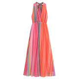 Tineit Fashion Colorful Striped Halter Maxi Dress Women Sexy V-neck Backless Lace Up Female Party Dresses 2024 Summer Lady Beach Robes