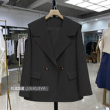 Tineit Fashion Suit Blazer Coats Women Oversized Notched Double Breasted Pocket Jacket Female 2025 Autumn New Chic Office Outwear Tops