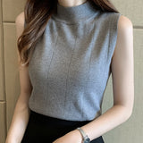 thanksgiving outfit Tineit Solid Elegant Vest Women Fashion Blue Soft Elastic Half High Neck Sweater Office Lady Slim Korean Knitted Sleeveless Basic Tops