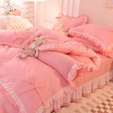 Tineit Green Bedding Sets Kawaii Seersucker Bed Sheet Pillowcase Fashion Girl Princess Duvet Cover 4 Pieces Cute Home Decoration