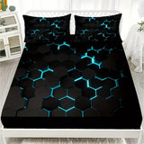 Tineit Blue 3D Hexagonal Honeycomb Geometry Print Fitted Sheet Set Column Mosaic Art Neon Mattress Covers Bedding Set With Deep Pocket