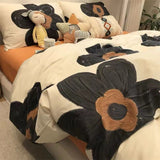 Tineit Korean Ins Black Flower Bedding Set Girl Orange Princess Style Sheet Cover Trellis Polyester Soft Bedclothes For Gitls Gift