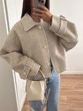 Tineit Woolen Casual Short Coat Women Single Breasted Turn-down Collar Loose Solid Jacket Female All-match Commuting Outwear Tops