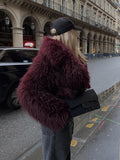 Tineit Women's Fashion Burgundy Fluffy Furry Warm Cropped Coat Elegant Faux Fur Lapel Thicken Warm Jacket 2024 New Lady Chic Streetwear