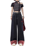 christmas outfit Tineit Women's Plaid Patchwork Y2k Jeans Harajuku Streetwear Denim Trousers Baggy Jean Pants Vintage 90s Aesthetic 2000s Trashy Clothes