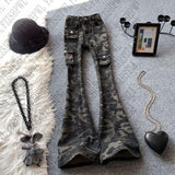 Tineit Y2K Metal Rock Jeans Vintage Women's Skinny Punk Pants High Street Cool Girl bell-bottoms Tide Camouflage Streetwear Trousers