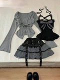 Tineit Early Autumn Three Piece Sets Sweet Lolita Lace Up Ruffles Cardigan+ Sexy Slim Fit Strapless Vest Tops+ High Waist Ruched Skirts