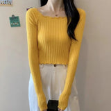 thanksgiving outfit Tineit Autumn Slim Knitted Crop Sweaters Women Fashion Solid Long Sleeve Square Collar Pullovers Korean All Match Chic Casual Sweaters