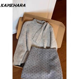 Tineit Japanese Shibuya Grey Sweater Paired Polka Dot Mini Skirt Winter Korean Sweet Spicy Streetwear Y2k 2 Piece Sets Платье