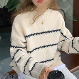 thanksgiving outfit Tineit Knitted Striped Pullover Sweaters Women Casual Loose Warm O-neck Long Sweater Female Autumn Elegant Chic Simple Daily Knitwear