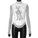 Tineit Y2K American fashion new skull print mesh stitching long sleeve top slim white Hot Girl long sleeve T-shirt sexy Slim Streetwear