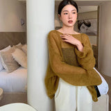 thanksgiving outfit Tineit Women Knitting Pullover Sweater Korean Loose Chic Sexy Hollow Out O Neck Tops Y2K Ladies Spring Long Sleeve Thin Jumper New