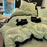 Tineit Korean Style Bedding Set Green Strip Black Cat Embroidery Washed Cotton  Duvet Cover Cute Cardboard  Bed linen Comforter Sets