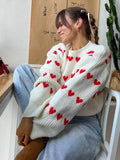 Tineit Chic Heart Knitted Sweaters Women Oversized O-neck 2025 Autumn Winter Long Sleeve Female Jumpers Fashion Lady Long Sleeve Tops