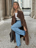 Tineit 2024 New Elegant Suede Lapel Overcoat With Belt Chic Double-breasted Full Sleeve Long Jacket Autumn Female Commute Outwear