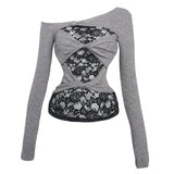 Tineit Autumn Sweet Lace Slim Tops Y2k E-Girls Kawaii Hollow Tops Long Sleeve Korean Fashion T Shirts Harajuku Elegant Clothing Chic