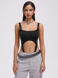 Tineit 2024 New Street Black Slim Cut Out Cyberpunk Bodysuit