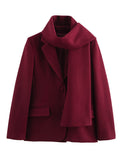 Tineit Chic Women's Burgundy Scarf Collar Woolen Suit Jacket 2025 Elegant Flap Pockets Single Breasted Coat Female New Office Outerwear