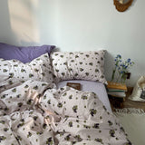 Tineit Floral Korean Style Duvet Cover Set No Filler Pillowcase Flat Sheet Twin Queen Size Boys Grils Romantic Bedding Kit