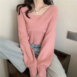 thanksgiving outfit Tineit Autumn Fake Two-Piece Sweater Women Knitted Solid Slim Long-Sleeved Pullover Fashion Casual Sweet Pretty Style Female Tops