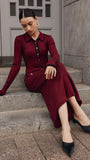 Tineit 2025 Fashion Burgundy Lapel Ruffles Knitted Midi Dress Women's Elegant Skinny Buttons Flare Sleeved Robe New Female Chic Vestido