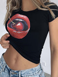 Tineit Y2K Cherry Lips Print Crew Neck Crop Top