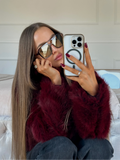 Tineit Burgundy Red Chic Women's Fluffy Faux Fur Short Jacket Women Elegant Lapel Long Sleeve Plush Coat Female Warm Cropped Streetwear