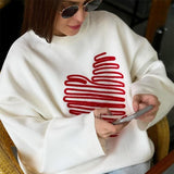 Tineit Oversize Heart Knitted Sweater Women O-neck Long Sleeve Casual Long Sleeve Pullover Female 2025 Autumn Long Sleeve Jumper Top