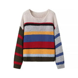 Tineit Striped Knitted Sweaters Women Colorful Chic Loose O-neck Warm Pullovers 2025 Autumn Long Sleeve Casual Long Sleeve Jumper Tops