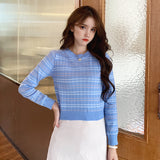 thanksgiving outfit Tineit O-Neck Striped Sweater Women Knitted Long Sleeve Sweet Cropped Slim Thin Jumpers Spring Fall Fashion Casual Chic Basic Tops