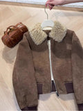 christmas outfit Tineit Women Brown Leather Jacket Coat Vintage Mustang Shearling Jacket 90s Fashion Outfits Korean Loose Outerwear Winter Clothes 2025