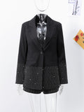 Tineit Rhinestone Shining Blazer Coat Shorts Sets Women Button Up Turn-down Collar Loose Jacket Top Short Pants Suits 2 Pieces Fashion