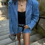 cold weather outfits Tineit 2024 Spring Summer Casual Women Denim Blazers Fashion Vintage Solid Shrug Loose Single Breasted Chic Ladies Blazers