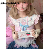 Tineit Summer Y2k Japanese Sweet Cute Soft Girl Lace T-shirt Bow Flying Sleeves Cat Ear Tank Top العاب جنسية  민소ë§?í‹?여성 Y2k Top