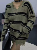 Tineit Striped V Neck Frayed Tassel Knit Sweater